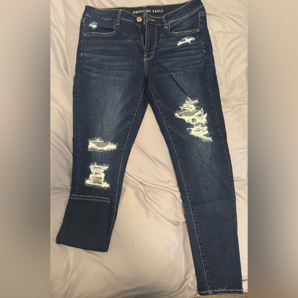 American Eagle Outfitters Dark Blue Super Stretch Distressed Skinny Jeans
